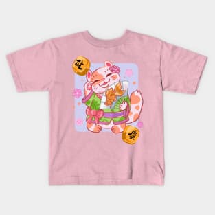 Nice cat. Japanese cat in flowers. money cat Kids T-Shirt